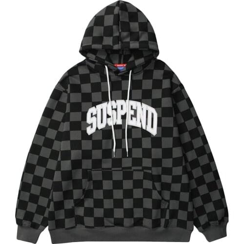 Hoodie Men Harajuku Plaid Letter Print Fleece Hooded Pullovers Vintage Fashion High Street Cozy Baggy Couple Streetwear