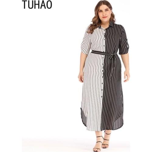 TUHAO Summer Dress Short Sleeve Turn Down Collar Black and White Striped Dress with Belt Asymetrical Woman Clothes T5085
