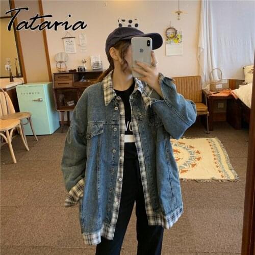 Womens Jean Jacket Fake Two Pieces Clothes Denim Coat Spliced Plaid Korean Causal Coats Spring Vintage Jeans Streetwear Women