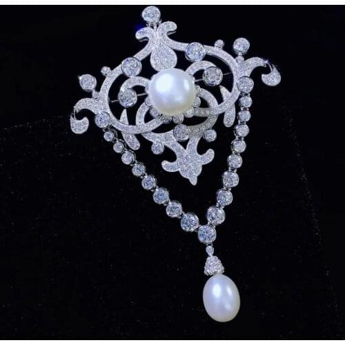 Vintage Victoria palace natural fresh water pearl brooch pins 925 sterling silver cubic zircon fine women jewelry