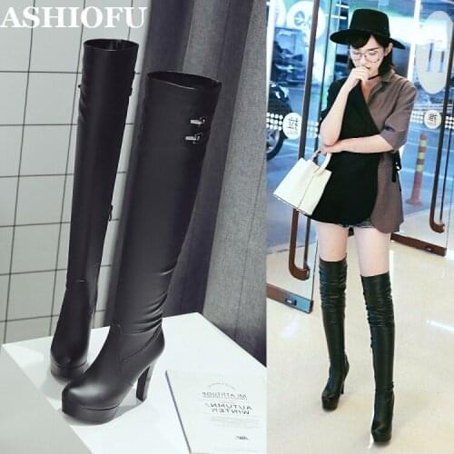 ASHIOFU Handmade New Ladies High Heels Boots Black Faux-leather Party Prom Platform Booties Sexy Evening Fashion Winter Boots