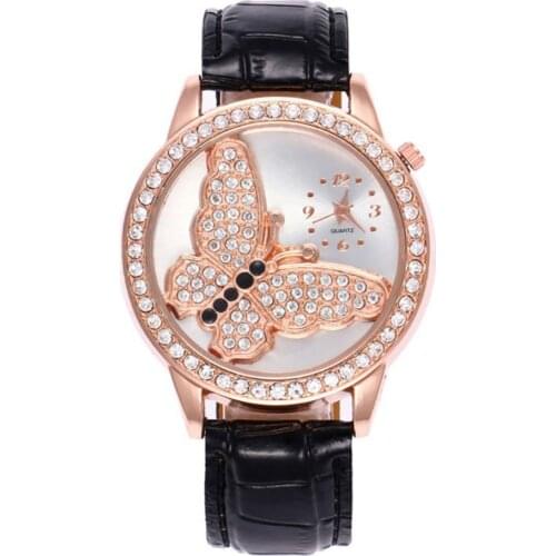 40%HOT Round Butterfly Rhinestone Faux Leather Band Analog Women Quartz Wristwatch