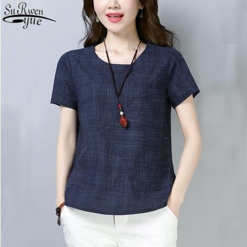 Womens Linen Cotton Women Tops Vintage Short Sleeve Plus Size 3XL Women Clothing 2021 Summer New Women Shirts Blusas 2127