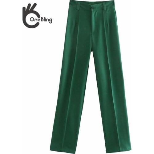 OneBling 2021 Za Women Green Career Pants OL Style Summer Autumn High Waist Casual Straight Trousers Office Chic Suit Pant Traf