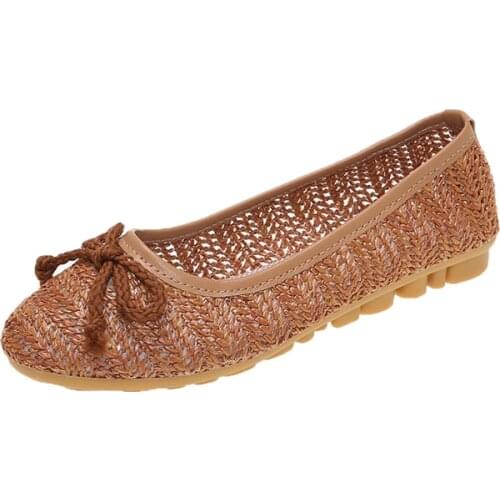 Women Straw Plaited Bow Decor Round Toe Breathable Ballet Flats