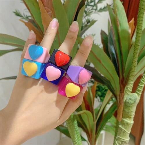 Vintage Super Cute Peach Heart Y2k Rings for Women Aesthetic Candy Macaron Color Acrylic Rings 90s Jewelry Christmas Gifts New