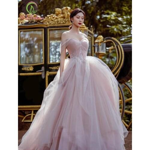 SSYFashion New Sweet Princess Pink Prom Dress Boat Neck A-line Floor-length Beading Long Evening Party Formal Gowns for Women