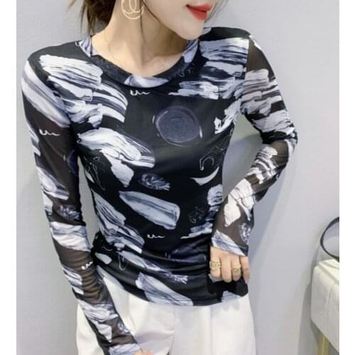 #8616 Basic Mesh T Shirt Women Thin O-Neck Tie Dyed Printed T Shirt Femme Long Sleeves Casual Slim Streetwear Tee Shirt Femme