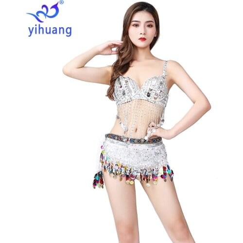 Shining Festival Costumes Halloween Party Clothing Belly Dance Costumes 2pcs DJ Club Performance Outfits Bra & Hip Scarf Silver