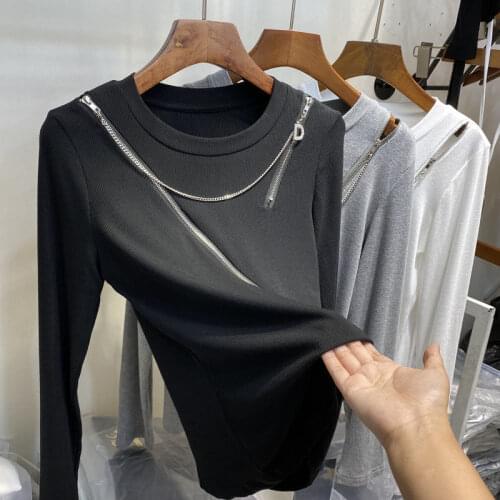 2021 New Spring Autumn Zip T-shirt Long Sleeve Stretch Slim Thin Casual Sexy Women Streetwear White/Black Tops Y238