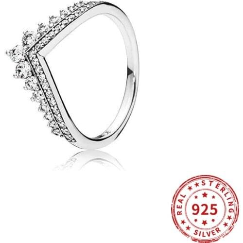 Real 925 Sterling Silver Pan Ring Princess Wishbone Crystal Rings For Women Wedding Party Gift Jewelry 2021