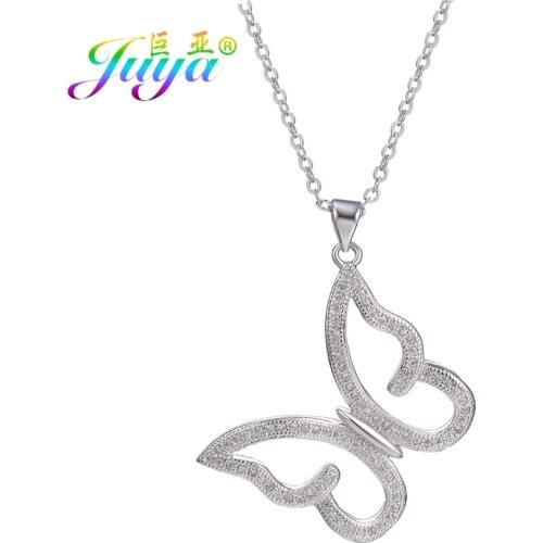 Juya Collares Largos Gold/Rose Gold Micro Pave Zircon Butterfly Necklace For Women Girls Gem Locket Pendant Necklace