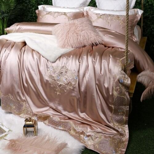Pink Grey 120S Egyptian cotton Embroidery Bedding sets Queen King Tribute Silk Duvet cover Bed sheet set Pillowcases 4/6pcs