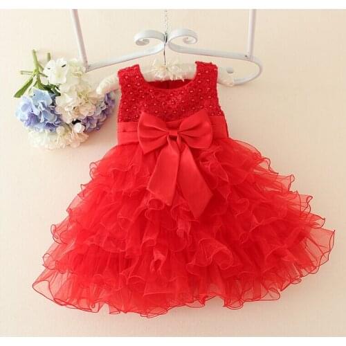 Red Beading Bow Flower Girl Christening Gowns Baby First Communion Dresses Toddler baptism dress 1-6 Year Birthday Dress
