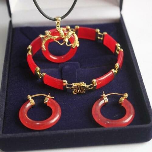 Natural Light Green Red Jade Dragon Pendant Necklace Earrings Bracelet Set
