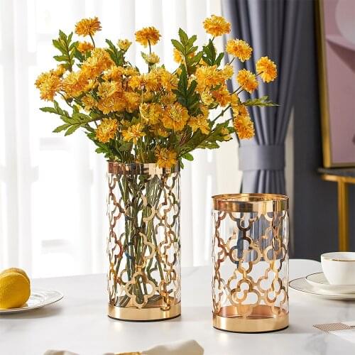 European Style Home Decoration Metal Vase Golden Glass Vase Living Room Decor Terrarium Decor Flower Vase Home Decoration Gifts