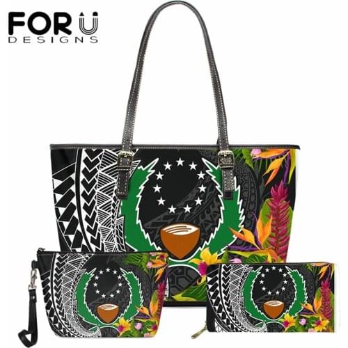 FORUDESIGNS Fashion 3pcs/Set Women Bag Polynesian Pohnpei Tribal Hibiscus with Turtle Print PU Leather Luxury Designer Handbags