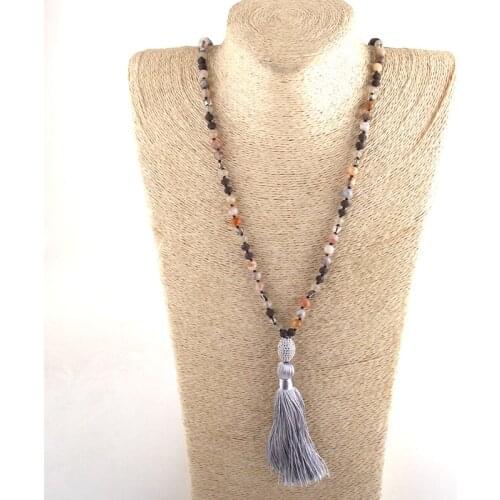 Fashion Bohemian Jewelry 6mm Stone Long Knotted Micro Zircon Pave Link Gray Tassel Necklaces D