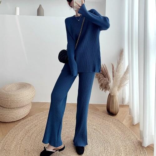 New 2021 Fashion Women Knitted Sweater 2 Piece Outfits Long Sleeve O-neck Top And Wide Leg Pants Women Solid Casual Suit Set
