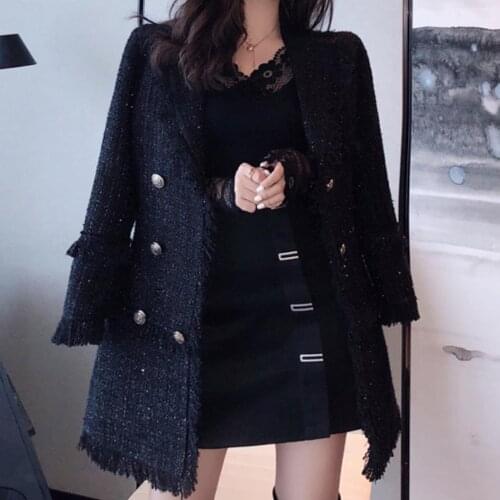Autumn and winter tweed coat small fragrance women vintage slim double-breasted long woolen jacket