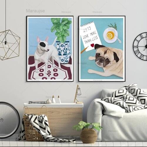 English Bull Terrier With Plant Cartoon Posters And Prints Cute Dogs Canvas Painting Wall Art Pictures For Kids Bedroom Decor