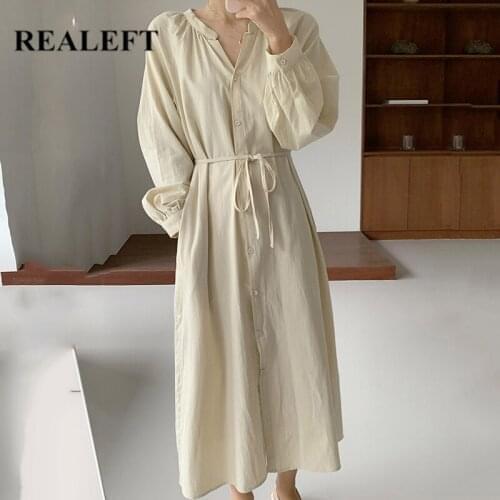REALEFT 2021 New Oversize Womens Long Shirt Dress Lantern Sleeve Single Breasted Lace Up Spring Casual Loose Shirts Dresses
