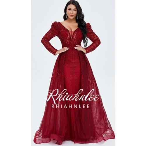Luxury Wine Red Evening Dresses V Neckline Long Sleeve Evening Gowns Sexy Back Mermaid Dubai Beading Formal Dress