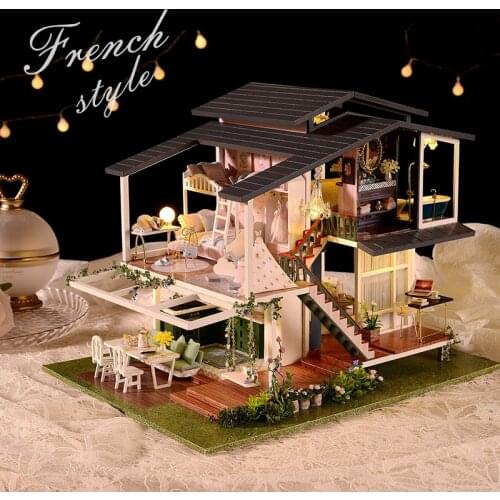 Monets Garden Doll House Furniture Kit DIY LED Light Loft Miniature 3D Wooden Building Kits Dollhouse Toys for Kids Xmas Gifts