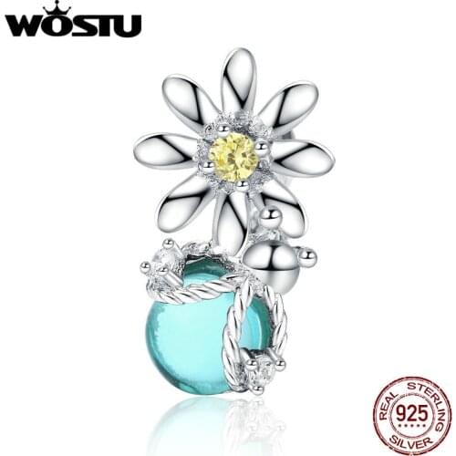 WOSTU 925 Sterling Silver Daisy Flower & Fireflies Beads Charm Fit Original Bracelet Pendant Fine Silver 925 Jewelry CQC1369