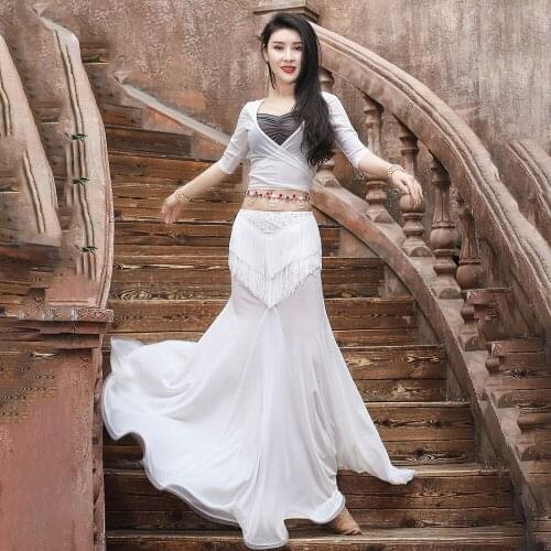 Belly Dance Practice Training Clothes Cropped Net yarn Splicing Skirt Set Oriental Indian Dance Beginner Stage Clothes For Women