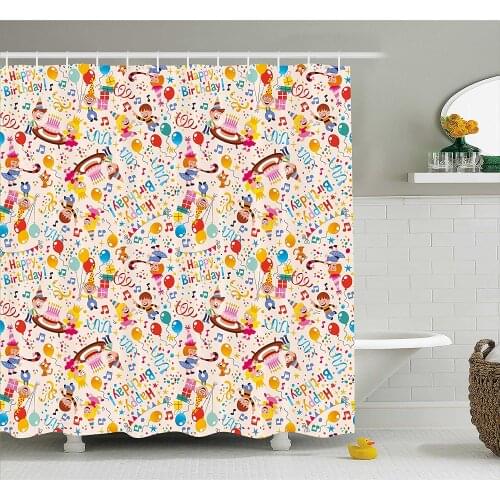 Birthday Decorations for Kids Shower Curtain Children Celebration Theme Balloons Cakes on Pink Backdrop Home Decor Bath Curtains