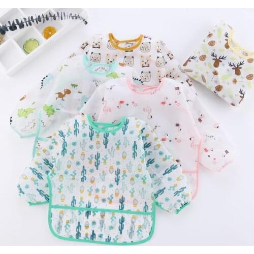 New Cute Children Cartoon Towel Baby Kids Toddler Waterproof Long Sleeve Smock Feeding Bib Apron Fit Stain Preventer