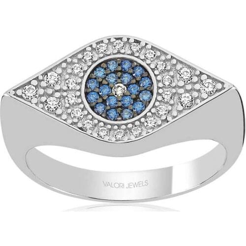 Valori Jewels Blue Evil Eye, Zirconia White And Fancy Blue Gemstone, Rhodium Plated, Sterling Silver Ring