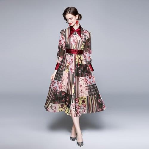 Spring Fashion Runway Long Sleeve Party Dress Womens Shirt Collar Floral Print lace up Belt Boho Beach Dress k1120