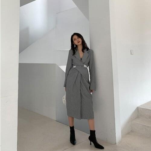 High-end Elegant Women Dress Twist Waist Grey Party Dresses 2021 Autumn Ladies Korean Fashion Clothing New Outfit
