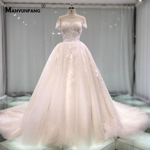 High-End O-Neck Embroidery Appliques Tulle Cap Sleeve Wedding Dress Custom Made Cathedral Train Zipper Back Bridal Ball Gown