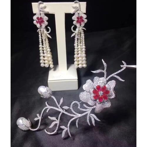 Jewelry set brooch and earring natural fresh water pearl brooch tassels earring 925 sterling silver with cubic zircon wedding