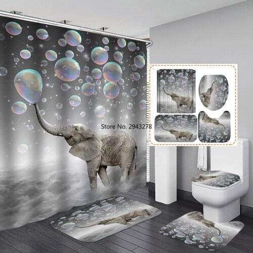 3D Thinking Elephant Print Shower Curtain 4 Piece Carpet Cover Toilet Cover Bath Mat Pad Set Bathroom Curtain with 12 Hooks Home
