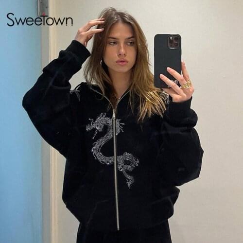 Sweetown Oversized Goth Black Hoodies Women Dragon Diamond Cartoon Sweatshirts Zip Up Jacket Long Sleeve Autumn Winter Pullovers