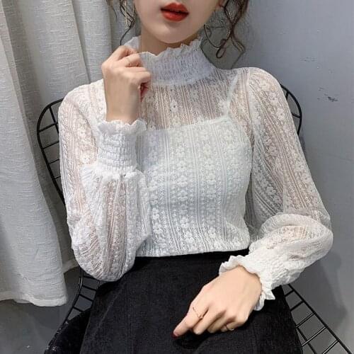 Women Spring Autumn Style Lace blouses Shirts Lady Casual long Sleeve Stand Collar Lace Blusas Tops ZZ0769