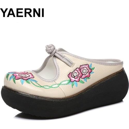 YAERNI Embroidery Leather Slippers Women 6 CM High Heels Wedge Shoes Slip On Summer 2018 Retro Handmade Women Slippers E587
