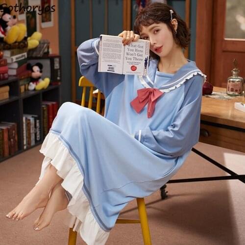 Women Nightgowns Ruffles Chic Soft Bow Students Kawaii Fresh Homewear Korean Style Cartoon Print Fashion Casual Long Sleeve New