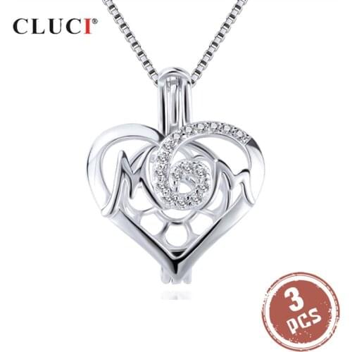 CLUCI 3pcs Silver 925 Heart Pearl Pendant Locket for Women Necklace Making 925 Sterling Silver Pendant Mothers Gift SC349SB