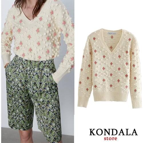KONDALA Women Sweater Za Vintage Floral Appliques Beige Winter Sweaters V-Neck Cotton Wool Long Sleeve Thick Pullovers Mujer Top