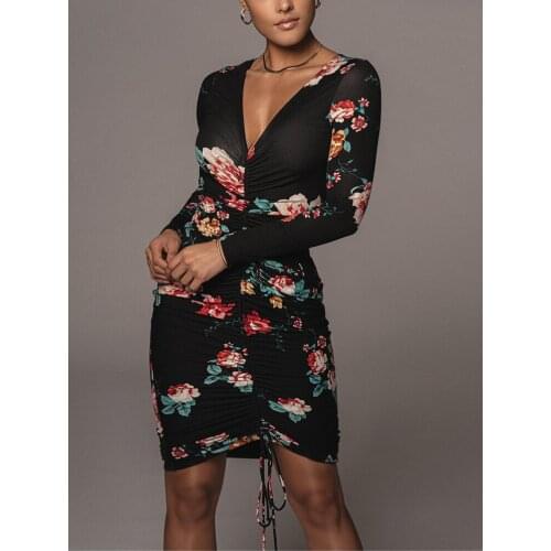 Long Sleeve Floral Dress Ruched Drawstring V Neck Tie up Sexy Bodycon Dress Women Street Casual Robe Midi Vestidos 2021