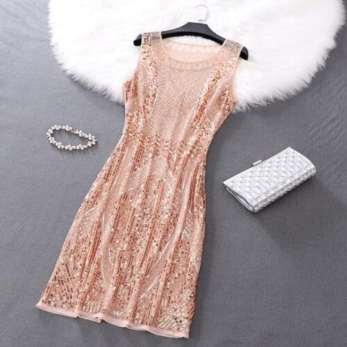 Vestidos Women Dress Sequined Vintage Gauze Sleeveless O-neck Free Size Sukienki Ropa Mujer Robe Femme