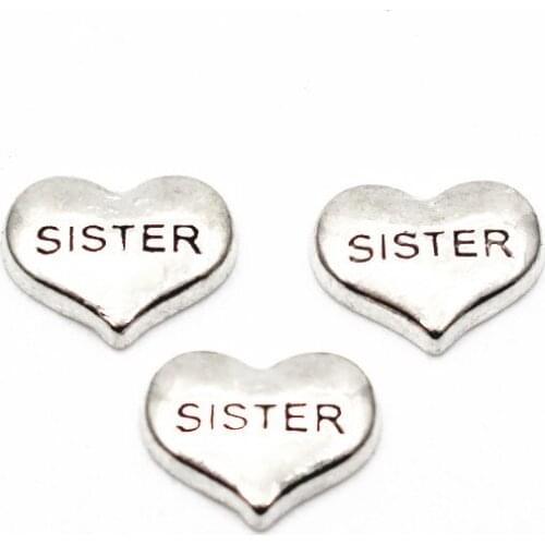 10pcs/lot Metal Love Sister Heart Floating Charms For Living Glass Floating Lockets Pendant Necklace Bracelet DIY Jewelry