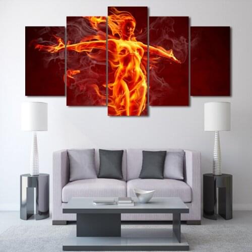 Home Wall Art Painting For Bedroom Living Room Decor 5 Pieces/Pcs Flame Girl Printed Modular Picture HD Large Canvas Framework