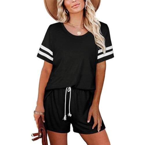 75% Hot Sales!!! Outfit Short Sleeve Top Drawstring Short Pants Women Stripes T-shirt Mid Rise Shorts Loose Tracksuit for Summer
