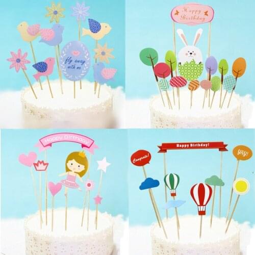 DIY Flower Birds Happy Birthday Cake Flag Rabbit Animals Balloon Cake Topper For Birthday Wedding Party Cake Baking Decor